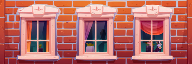 房屋或城堡的窗户，砖墙正面素材图片