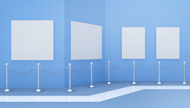 画廊现代艺术和空间展示艺术品显示在一个现代和极简主义的概念与白色框架在蓝色粉彩墙背景- 3d渲染图片下载