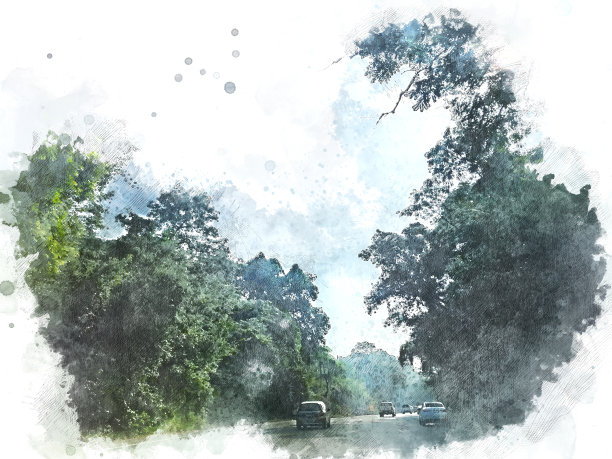 抽象彩色形状上的树和田野风景水彩插图绘画背景。图片下载