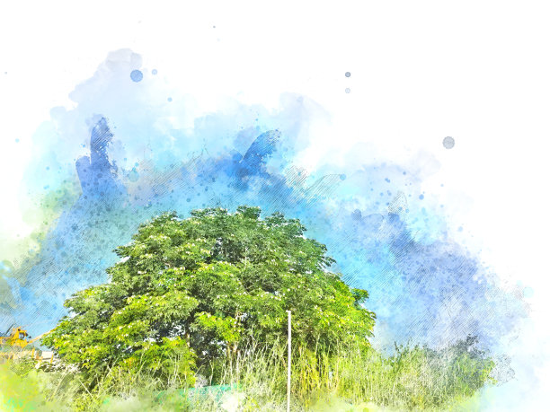 抽象彩色形状上的树和田野风景水彩插图绘画背景。图片下载