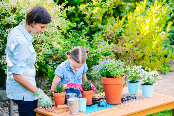 母亲和女儿在花园里花盆里种花——一起工作的概念，与家人一起度过闲暇时光图片下载