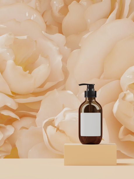 化妆品背景包装介绍。化妆瓶在米色讲台上，牡丹花背景。3 d渲染。图片下载