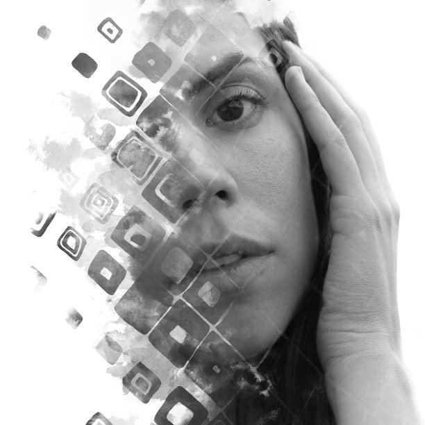 双重曝光。Paintography。近距离的肖像，一个有吸引力的女人与手触摸脸结合手绘与钻石形状图片下载