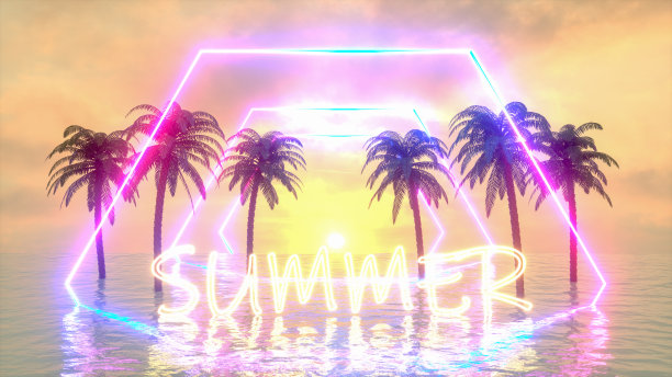 夏日霓虹灯与海上的棕榈树图片下载