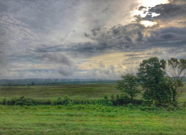 云朵漂浮在农村农田上图片下载