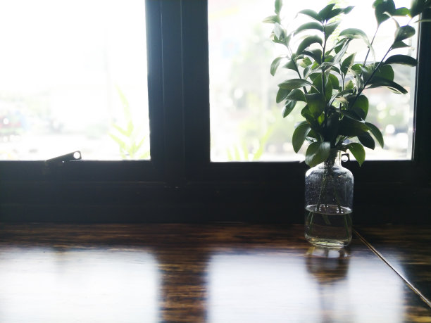 清晨花园景观窗户虚化背景上的木桌面图片下载