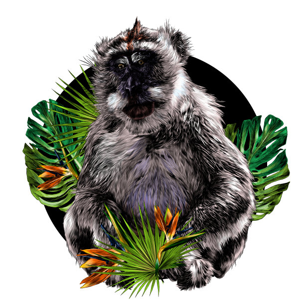 猴子坐的高度和看稍斜视低头眼睛周围组成与热带植物的边缘图片下载