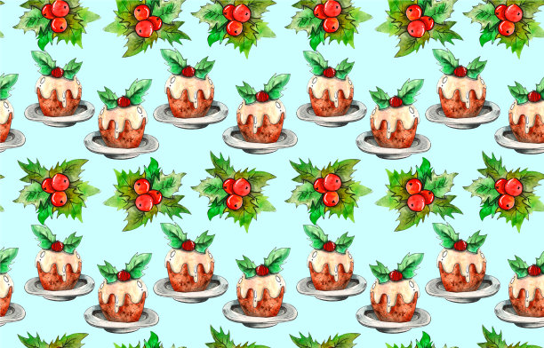 美味的纸杯蛋糕装饰的浆果和树叶在盘子上薄荷无缝的背景纹理。可爱的水彩图案适用于元旦、圣诞节、寒假、烹饪、除夕、美食等。图片下载