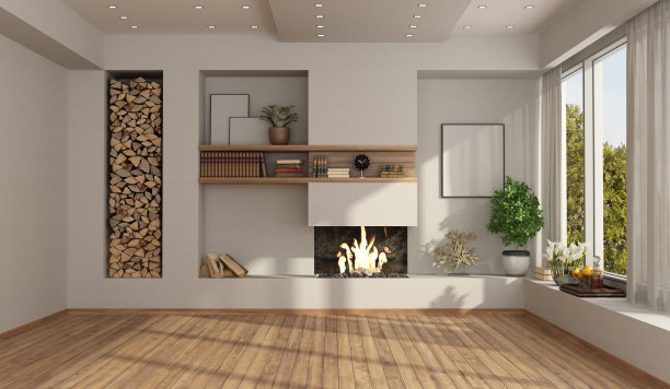 白色的空房间，有壁炉素材图片