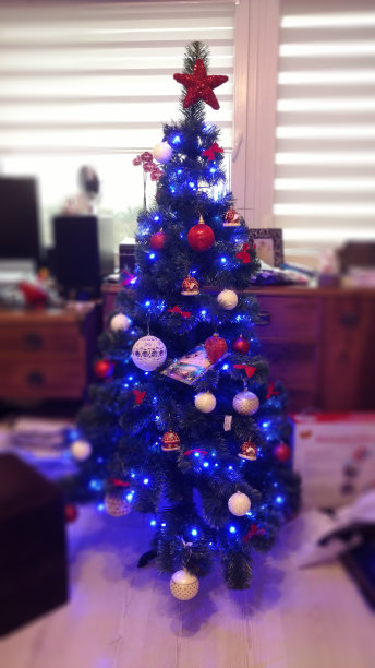 圣诞节的客厅。蓝色LED灯图片下载