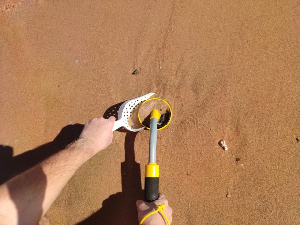 水下金属探测器和沙滩上的铲子照片：寻宝和旅游探险背景图片下载