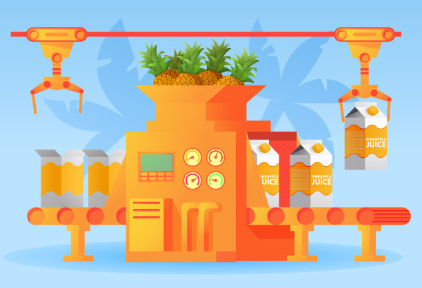 工厂包装输送菠萝汁的一盒。素材图片