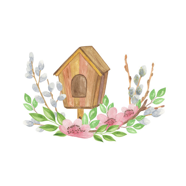 手绘水彩猫咪柳树和樱桃树枝和小鸟的房子，春天的构图图片下载