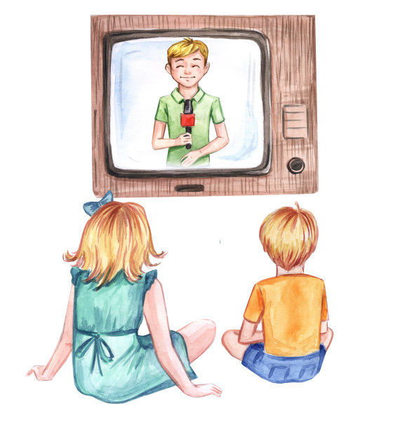 孩子们在看电视。孩子们在玩。儿童电视和录音。水彩插图。绘画。孩子男孩主持人。男孩和女孩在电视机前。图片下载