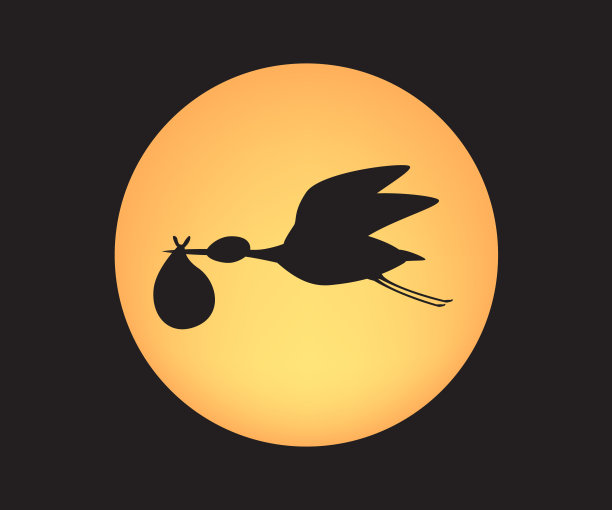 剪影的鹳婴儿分娩与满月的背景在天空在晚上时间，矢量插图。图片下载