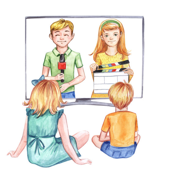 孩子们在看电视。孩子们在玩。儿童电视和录音。水彩插图。绘画。孩子男孩主持人。男孩和女孩在电视机前。图片下载