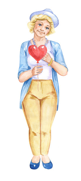 戴着帽子的祖母祖母。天在法国。好女人。水彩插图画的一个成年妇女。图片下载