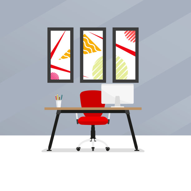 办公室室内空间。现代的工作场所有书桌或桌子，椅子，电脑，墙上的图片。矢量插图。图片下载