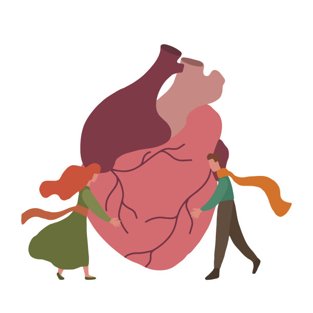 平面插图的现实心与小拥抱夫妇。的关系。情人节卡片的原始元素。物体与背景是分开的。图片下载