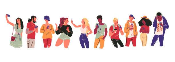 一群穿着时髦衣服的青少年在白色背景下用智能手机拍照、自拍、发短信和上网。图片下载