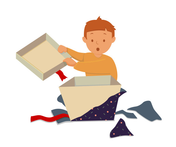 快乐的小朋友打开他的礼物盒。卡通人物设计图片下载