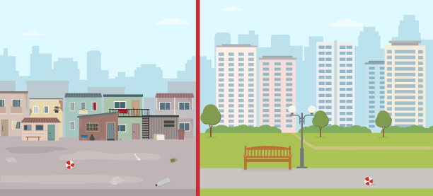 破旧的房屋和现代化的城市。现代建筑与贫民窟的对比。图片下载