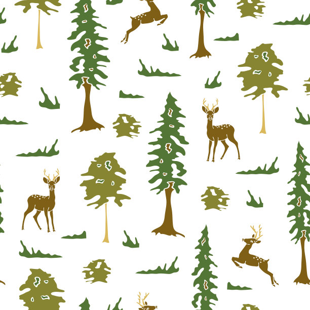 无缝矢量模式与鹿在森林的白色背景。简单的景观动物壁纸设计。素材图片