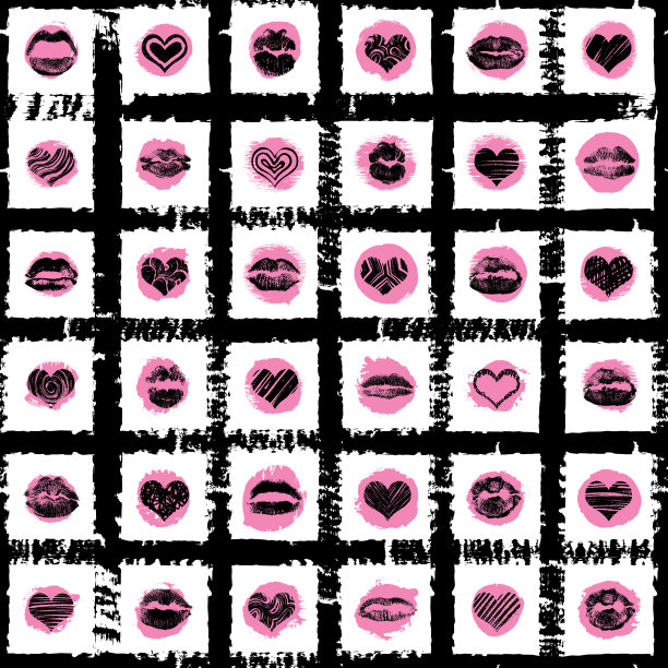 无缝背景的红色，粉色，黑色的心和嘴唇上复古波普艺术风格的垃圾摇滚刷背景。时尚哥特无尽的情人节成人性商店商品包装纸。向量。图片下载