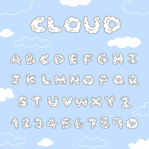 手绘字体A-Z和数字，蓝色背景上蓬松的云字母，矢量插图图片下载
