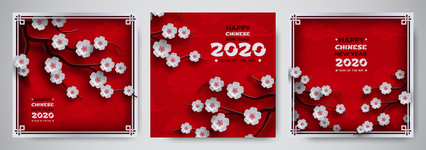 2020年中国新年横幅设置，传统樱花樱花，树枝，云彩，图案东方背景与框架。假日设计收藏，剪纸风格，矢量素材图片