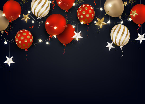 生日贺卡上有气球，飘落的五彩纸屑，3d星星，黑色背景上的花环。用于销售、活动、促销的彩旗。向量。图片下载