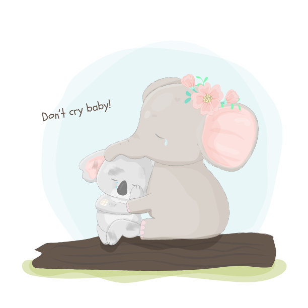 手绘大象拥抱悲伤的考拉。图片下载