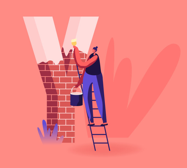 快乐微笑的女人站在梯子上，拿着油漆桶，用画笔画着红砖做的大大的字母Y。教育，字体拼写，谢谢你单词拼写卡通平面矢量插图图片下载