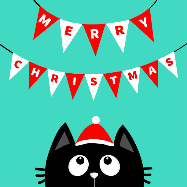 圣诞快乐。黑猫脸上的剪影抬头望着彩旗上的字母。国旗花环。圣诞老人的帽子。聚会装饰元素。把文字挂在绳线上。平面设计。蓝色背景。图片下载