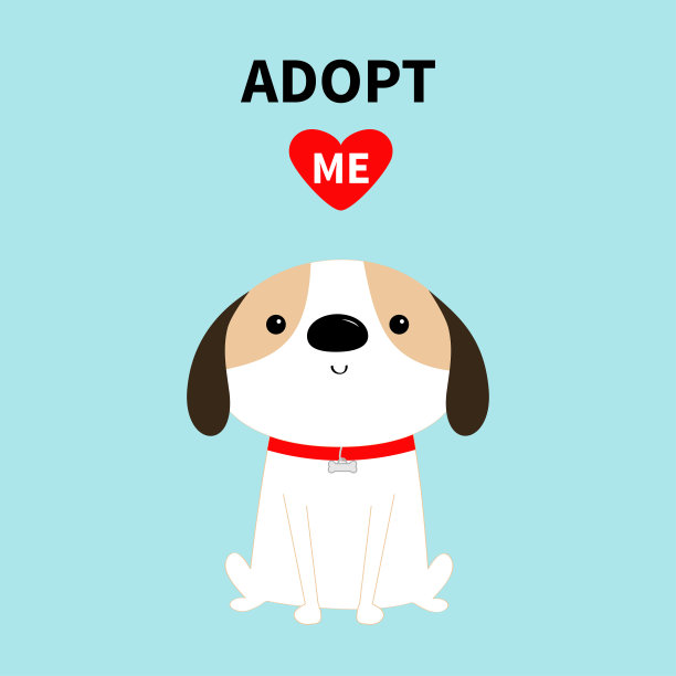 收养我。狗坐着。红色衣领。白色的小狗狗。可爱的卡通卡哇伊有趣的婴儿角色。平面设计风格。帮助流浪动物的概念。宠物收养。蓝色背景。孤立。图片下载