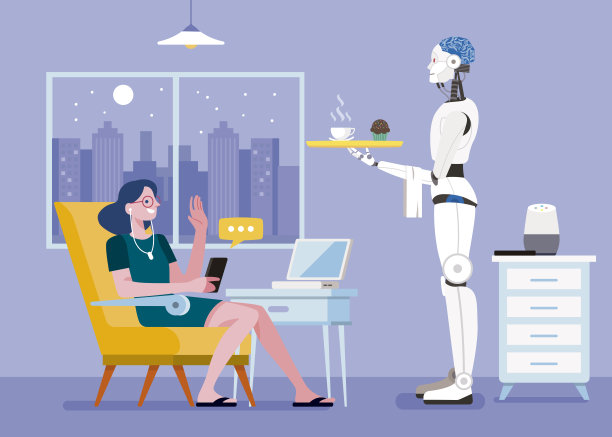 一个有机器人管家的女人在她的智能家里素材图片