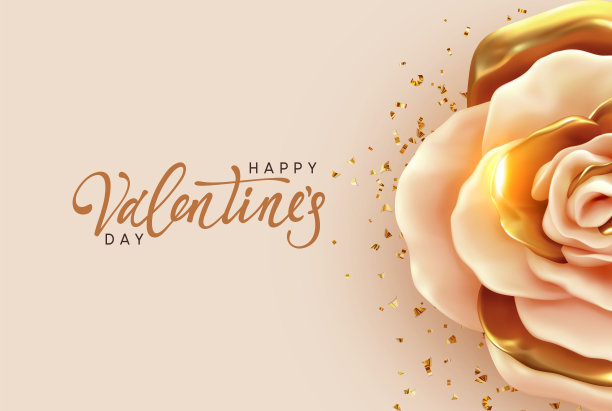 情人节快乐。背景与现实的3d花玫瑰，米黄色和金色的颜色，金色的闪光纸屑。手写的书法文字。贺卡，节日海报，横幅。图片下载