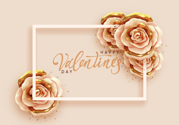 情人节快乐。浪漫的设计与花玫瑰米色和金色花蕾与白色框架，手写书法文字字母。背景边框玫瑰3d。贺卡、横幅、海报。图片下载
