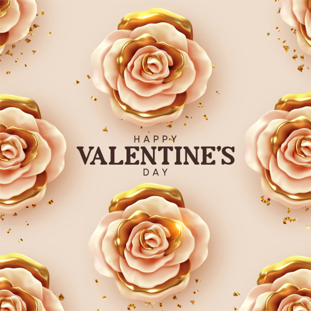 情人节快乐。背景与现实的3d花金属玫瑰，米黄色和金色的颜色，闪闪发光的金色纸屑。花蕾的图案。矢量图图片下载