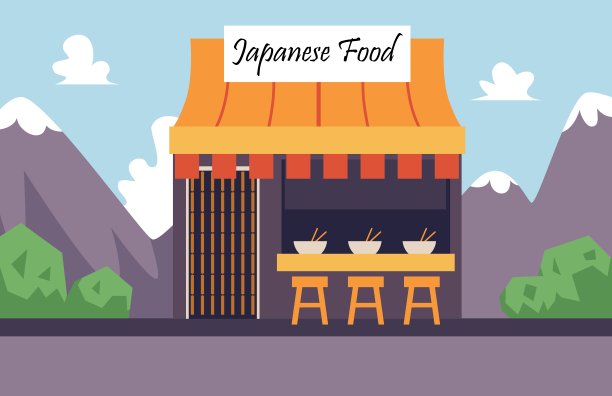 日本街头餐厅或咖啡馆建筑立面，平面矢量插图。图片下载