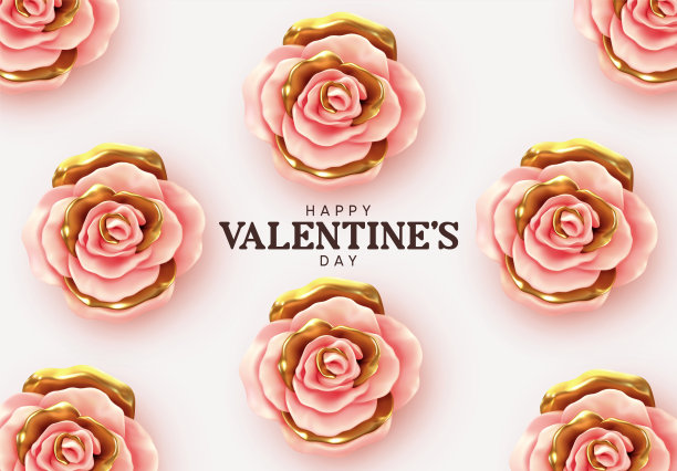 情人节快乐。背景与现实的3d花金属玫瑰，粉色和金色的颜色。花蕾的图案。矢量图图片下载