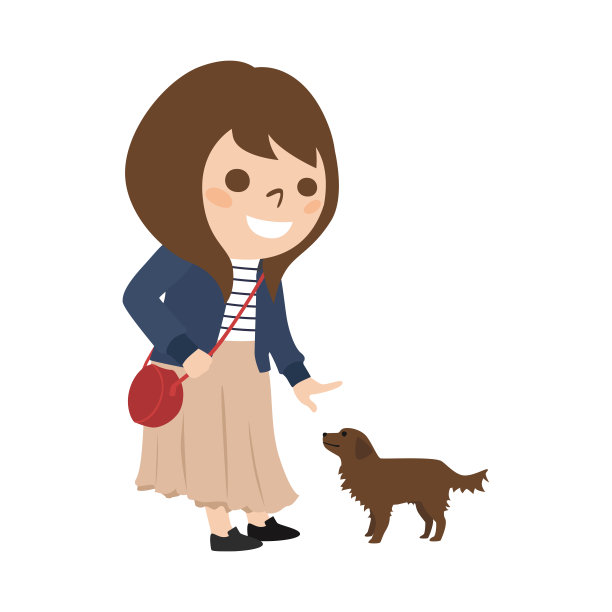 插图的女人。一个带着狗在散步的女人。图片下载