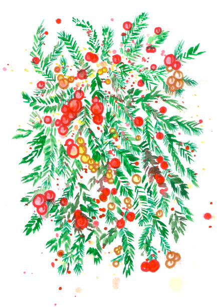 圣诞作文的绿色树枝常青的小树枝与红色和黄色的小装饰品。水彩插图孤立的白色背景图片下载