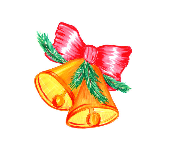 金色的铃铛，红色的蝴蝶结，云杉的树枝。节日新年的构图为装饰。插图孤立在白色背景上。图片下载