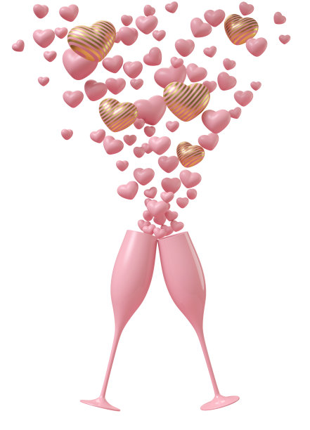爱用香槟庆祝。粉红色的香槟酒杯，上面有粉红色和金色的心形图案，就像在白色背景上洒下的香槟。3 d渲染。图片下载