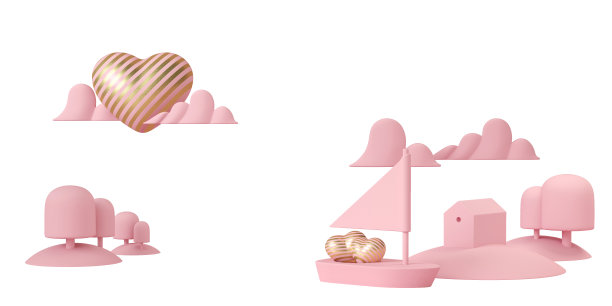 豪华条纹黄金心在粉红色的船航行在海上白色的背景。爱就像阳光照耀。航行与爱。3 d渲染。图片下载