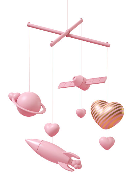 银河主题婴儿床移动在粉红色的白色背景。其中包括粉色的卫星、火箭、土星和粉色带金色条纹的心。在宇宙中表达爱。3 d渲染。图片下载