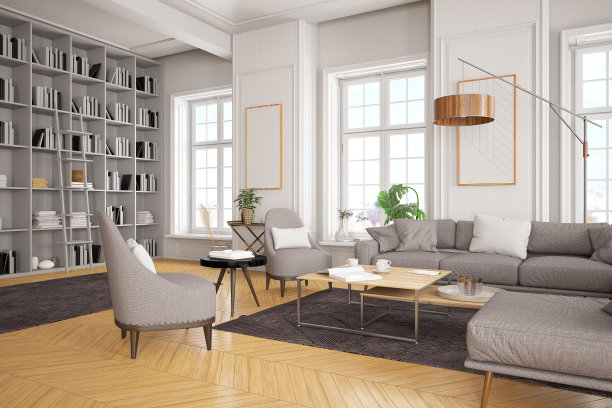 现代客厅与图书馆和书籍素材图片