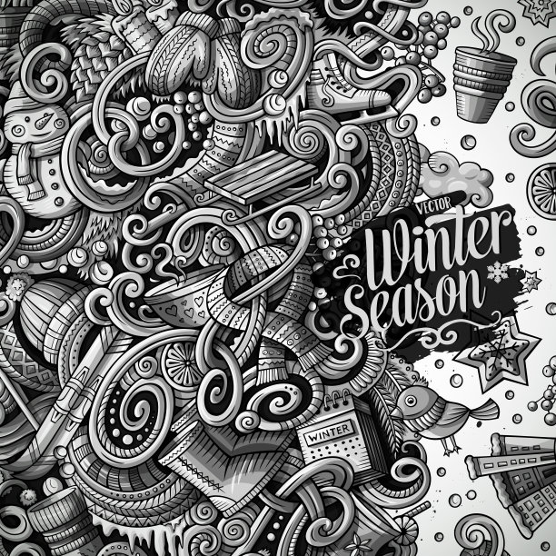 卡通可爱的涂鸦手绘冬季框架设计。图片下载