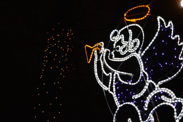 新年假期，圣诞节与白色发光的圣天使和deodo照明，一个灯光led花环装饰冬天的树木在第聂伯罗城市公园，乌克兰。图片下载